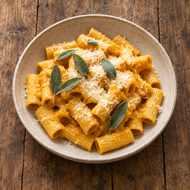 Rigatoni à la crème de potimarron, sauge et parmesan